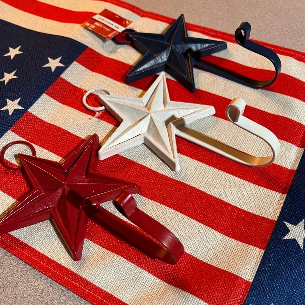 Set of 3 metal star wall hooks- red, white, and blue.